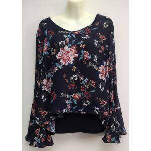 Cliche Long Sleeve Cropped Floral Print Top,‎ Dark Navy, Size S